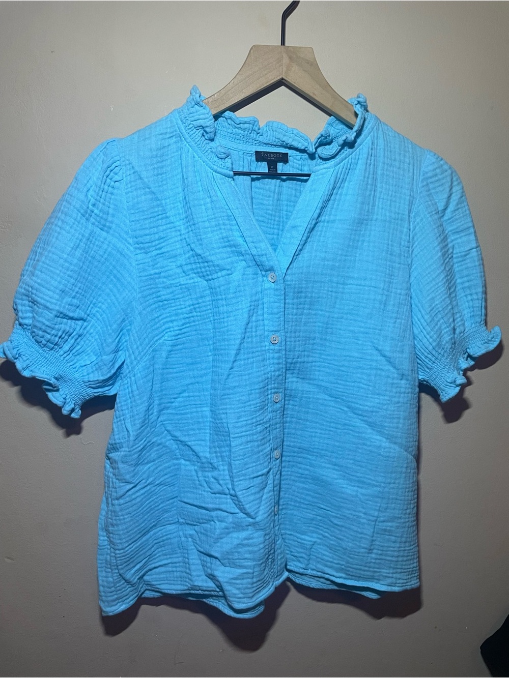Talbots Sky Blue Cotton Gauze Button-Up Blouse with Ruffle Trim